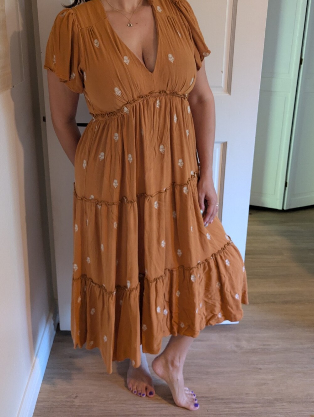 In Bloom Rust Tiered Midi Dress with White Floral Accents